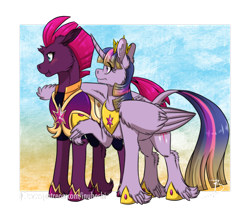 Size: 1024x871 | Tagged: safe, artist:inuhoshi-to-darkpen, character:fizzlepop berrytwist, character:tempest shadow, character:twilight sparkle, character:twilight sparkle (alicorn), species:alicorn, species:classical unicorn, species:pony, species:unicorn, alternate universe, armor, big wings, captain, cloven hooves, comforting, duo, feathered fetlocks, female, friendship, gradient background, gradient hair, hoof shoes, leonine tail, mare, patreon, patreon logo, royal guard, signature, simple background, tempest becomes a royal guard, transparent background, twilight's royal guard, unshorn fetlocks, wings
