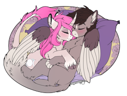 Size: 1773x1347 | Tagged: safe, artist:meggchan, artist:nightskrill, oc, oc only, oc:tarot, oc:xor, species:classical unicorn, species:pony, species:sphinx, species:unicorn, blushing, cloven hooves, collaboration, couple, cuddling, curved horn, cute, ear piercing, female, floppy ears, fluffy, hooves, interspecies, leonine tail, long tail, male, mare, oc x oc, paws, piercing, romantic, shipping, simple background, sleeping, smiling, snuggling, sphinx oc, straight, taror, transparent background, unshorn fetlocks, wing hold, wings