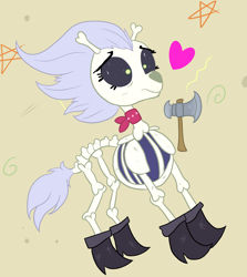 Size: 2816x3162 | Tagged: safe, artist:paskanaakka, derpibooru original, character:skellinore, species:pony, episode:the break up break down, axe, bandana, bone, boots, cute, dungeons and dragons, female, frown, heart, mare, ogres and oubliettes, shoes, skeleton, skeleton pony, skellibetes, solo, stars, weapon, wide eyes