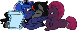 Size: 1380x567 | Tagged: safe, artist:tambelon, character:king sombra, character:princess luna, character:tempest shadow, species:alicorn, species:pony, species:unicorn, ship:lumbra, :t, broken horn, cuddling, cute, eyes closed, female, lesbian, levitation, lidded eyes, looking back, magic, male, mare, polyamory, prone, scroll, shipping, simple background, sleeping, smiling, sombrest, stallion, straight, telekinesis, tempestluna, tempestlunbra, white background