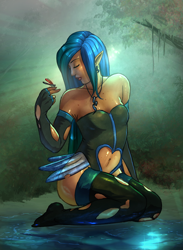 Size: 2198x3000 | Tagged: safe, artist:eve-ashgrove, artist:vest, character:queen chrysalis, species:human, clothing, dragonfly, female, humanized, solo, stockings, thigh highs, torn clothes