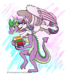 Size: 900x1032 | Tagged: safe, artist:inuhoshi-to-darkpen, character:princess flurry heart, character:spike, species:alicorn, species:dragon, species:pony, book, duo, feathered fetlocks, female, male, mare, older, older flurry heart, older spike, patreon, patreon logo, simple background, smiling, transparent background, uncle spike, unshorn fetlocks