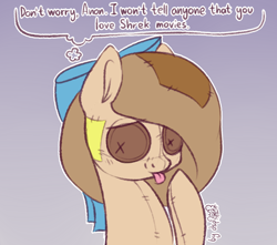 Size: 1330x1177 | Tagged: safe, artist:dsp2003, oc, oc:raggie, species:pony, blatant lies, blep, button eyes, comic, female, gradient background, hagwarders, implied anon, mare, original species, plush pony, signature, silly, single panel, tongue out, trolling