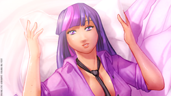 Size: 1920x1080 | Tagged: safe, artist:eve-ashgrove, character:twilight sparkle, species:human, bed, female, humanized, looking at you, lying down, pillow, solo