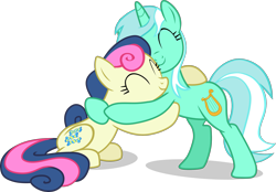 Size: 2273x1584 | Tagged: safe, artist:frownfactory, character:bon bon, character:lyra heartstrings, character:sweetie drops, species:earth pony, species:pony, species:unicorn, episode:the break up break down, .svg available, adorabon, cute, cutie mark, duo, eyes closed, female, horn, hug, lyrabetes, mare, simple background, svg, transparent background, vector