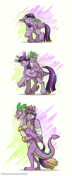Size: 900x2200 | Tagged: safe, artist:inuhoshi-to-darkpen, character:spike, character:twilight sparkle, character:twilight sparkle (alicorn), character:twilight sparkle (unicorn), species:alicorn, species:dragon, species:pony, species:unicorn, age progression, bandaged wing, carrying, cute, dragons riding ponies, duo, feathered fetlocks, female, injured, jewelry, leonine tail, male, mama twilight, mare, older, older spike, patreon, patreon logo, ponies riding dragons, raised hoof, regalia, riding, unshorn fetlocks