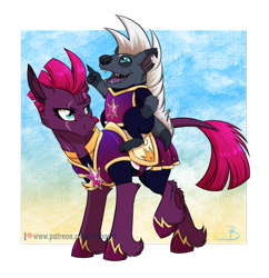 Size: 1024x1059 | Tagged: safe, artist:inuhoshi-to-darkpen, character:fizzlepop berrytwist, character:grubber, character:tempest shadow, species:pony, species:unicorn, my little pony: the movie (2017), annoyed, armor, broken horn, duo, eye scar, female, gradient background, leonine tail, mare, patreon, patreon logo, raised eyebrow, riding, royal guard, scar, tempest becomes a royal guard, tempest shadow is not amused, torn ear, twilight's royal guard, unamused, unshorn fetlocks