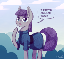 Size: 2304x2101 | Tagged: safe, artist:dsp2003, character:maud pie, species:earth pony, species:pony, blushing, clothing, cloud, comic, cute, dialogue, eyeshadow, female, high res, looking at you, makeup, mare, maudabetes, open mouth, raised hoof, single panel, sketch, sky, solo