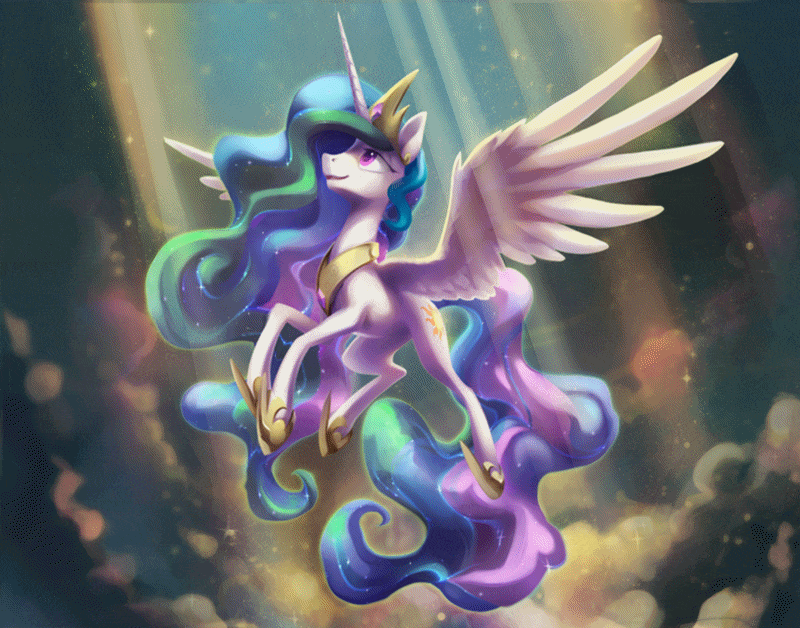 Size: 800x628 | Tagged: safe, artist:dawnfire, artist:nadnerbd, artist:theshadowscale, edit, character:princess celestia, species:alicorn, species:pony, g4, absurd file size, animated, cinemagraph, clothing, cloud, crepuscular rays, crown, ear twitch, female, flowing mane, flying, hoof shoes, jewelry, mare, necklace, peytral, praise the sun, profile, regalia, shoes, solo, spread wings, wings