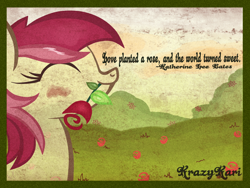 Size: 1280x960 | Tagged: safe, artist:krazykari, character:roseluck, species:pony, female, flower, mouth hold, quote, rose, solo