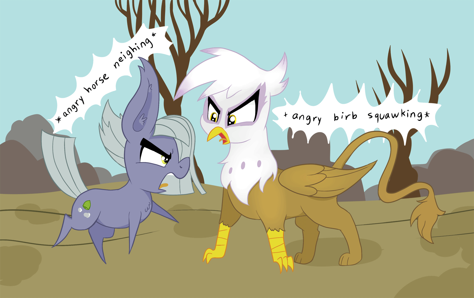 Size: 1661x1045 | Tagged: safe, artist:dragonpone, artist:paskanaakka, derpibooru original, character:gilda, character:limestone pie, species:earth pony, species:griffon, species:pony, angry, animated, birb, bird noises, chest fluff, descriptive noise, dialogue, duo, ear fluff, eye contact, female, frown, gif, glare, horse noises, looking at each other, mare, neigh, open mouth, pointy ponies, raised hoof, raised leg, sketch, speech bubble, squawk, tongue out, yelling
