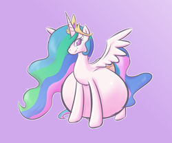 Size: 1614x1344 | Tagged: safe, artist:funble, character:princess celestia, species:alicorn, species:pony, belly, female, hyper, hyper pregnancy, impossibly large belly, mare, preglestia, pregnant, smiling, solo, spread wings, wings