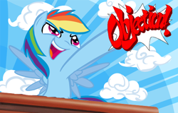 Size: 500x320 | Tagged: safe, artist:tess, edit, character:rainbow dash, species:pegasus, species:pony, ace attorney, female, mare, objection, parody, phoenix wright, pointing, solo