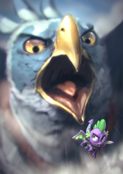 Size: 850x1200 | Tagged: safe, artist:assasinmonkey, character:spike, species:bird, species:dragon, species:roc, episode:molt down, g4, my little pony: friendship is magic, claws, epic, flying, male, open beak, scene interpretation, size difference, winged spike