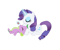 Size: 550x458 | Tagged: safe, artist:queencold, character:rarity, character:spike, species:dragon, species:pony, species:unicorn, ship:sparity, eyes closed, feeding, female, interspecies, male, mare, on back, prone, shipping, simple background, straight, transparent background