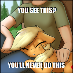 Size: 430x430 | Tagged: safe, artist:captainpudgemuffin, edit, character:applejack, species:human, species:pony, anti-bronybait, bronybait, captainpudgemuffin is trying to murder us, caption, cute, eyes closed, female, floppy ears, fluffy, head on lap, human on pony snuggling, image macro, jackabetes, male, meme, modified, petting, pony pet, prone, reality sucks, sad, sadness, sitting, sleeping, snuggling, squishy cheeks, tragedy, tragic, tragically funny, you will never x
