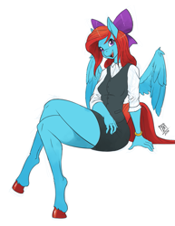 Size: 695x900 | Tagged: safe, artist:zwitterkitsune, oc, oc only, oc:cara swiftwing, species:anthro, species:pegasus, species:pony, species:unguligrade anthro, adorasexy, anthro oc, bow, clothing, colored sketch, commission, crossed legs, cute, female, hair bow, legs, mare, miniskirt, sexy, shirt, signature, simple background, sitting, skirt, smiling, solo, thighs, vest, white background