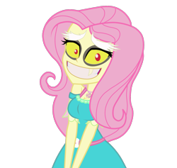 Size: 1900x1800 | Tagged: safe, artist:mashoart, character:discord, character:fluttershy, g4, my little pony: equestria girls, my little pony:equestria girls, bare shoulders, bodysuit, crossdressing, cursed image, disguise, femboy discord, fluttershy suit, grin, jesus christ how horrifying, looking at you, male, nightmare fuel, oh god, shapeshifting, simple background, smiling, transparent background, trap, x was discord all along