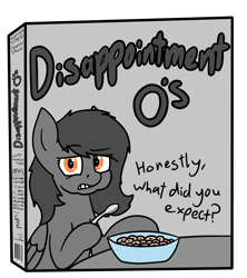 Size: 1778x2000 | Tagged: safe, artist:moonatik, artist:zippysqrl, edit, oc, oc only, oc:charcoal, species:pegasus, species:pony, bowl, cereal, cereal box, color edit, colored, female, food, loss (meme), mare, simple background, solo, spoon, transparent background, vulgar