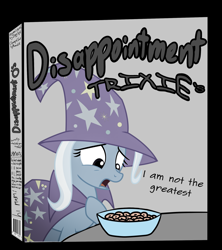 Size: 1778x2000 | Tagged: safe, artist:moonatik, artist:naijiwizard, artist:zippysqrl, edit, character:trixie, species:pony, species:unicorn, bowl, cereal, cereal box, color edit, colored, dialogue, discorded, female, food, lies, lies and slander!, looking down, loss (meme), mare, photoshop, solo, spoon, vulgar