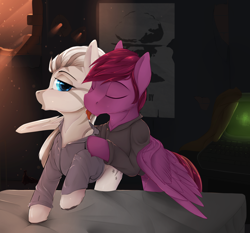 Size: 3000x2800 | Tagged: safe, artist:chapaevv, oc, oc:crystal eclair, oc:tooty fruity, species:pegasus, species:pony, species:zebra, fallout equestria, bed, bullet hole, clothing, coat, computer, fallout equestria: influx, fanfic art, female, licking, looking at each other, male, mushroom cloud, shirt, tongue out, tootyeclair, undressing, vault boy, zebra oc