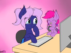 Size: 2230x1666 | Tagged: safe, artist:kimjoman, oc, oc:neon galaxies, oc:spiral galaxies, species:bat pony, species:pony, baby, chair, computer, computer mouse, desk, female, foal, hybrid, keyboard, magical lesbian spawn, monitor, mother and daughter, offspring, pacifier, ponytail