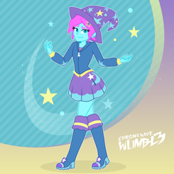Size: 4000x4000 | Tagged: safe, artist:mashoart, artist:wumbl3, derpibooru original, edit, oc, oc:chroma wave, my little pony:equestria girls, boots, clothes swap, clothing, crossdressing, crossplay, cute, dress, eyelashes, femboy, hat, high heel boots, hoodie, looking at you, male, shoes, simple background, skirt, solo, trixie's hat
