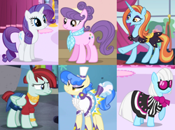 Size: 1744x1288 | Tagged: safe, artist:themexicanpunisher, character:photo finish, character:rarity, character:sapphire shores, character:sassy saddles, character:suri polomare, character:valley glamour, species:earth pony, species:pegasus, species:pony, species:unicorn, alternate mane six, alternate universe, clothing, dress, female, mare, the fashion six