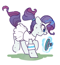 Size: 956x1041 | Tagged: safe, artist:dawnfire, patreon reward, character:rarity, species:pony, species:unicorn, clothing, cute, female, glowing horn, magic, mare, patreon, pleated skirt, ponytail, racket, raised tail, raribetes, scrunchie, simple background, skirt, skirt lift, solo, sports, sweat, tail, telekinesis, tennis, tennis racket, white background