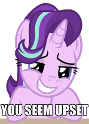 Size: 737x1024 | Tagged: safe, artist:masem, edit, character:starlight glimmer, episode:marks for effort, g4, my little pony: friendship is magic, dialogue, female, image macro, looking at you, meme, simple background, smiling, solo, strollight glimmer, transparent background, trollface, vector, you seem upset