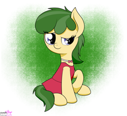 Size: 1685x1536 | Tagged: safe, artist:kimjoman, oc, oc only, oc:mossy vine, species:earth pony, species:pony, clothing, cute, eyelashes, looking at you, male, raised hoof, skirt, smiling, solo, trap