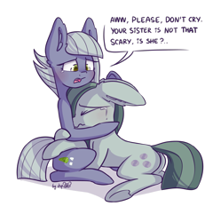 Size: 1536x1600 | Tagged: safe, artist:dsp2003, character:limestone pie, character:marble pie, species:earth pony, species:pony, blushing, comforting, comic, crying, cute, dawwww, dialogue, duo, duo female, female, floppy ears, hnnng, hug, marblebetes, mare, open mouth, pie sisters, plot, prone, sad, sadorable, siblings, simple background, single panel, sisters, sitting, transparent background, underhoof, wavy mouth
