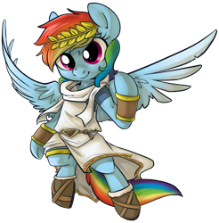 Size: 1023x1039 | Tagged: safe, artist:php27, character:rainbow dash, clothing, costume, crossover, female, flying, kid icarus, kid icarus: uprising, laurel wreath, pit (kid icarus), semi-anthro, simple background, solo, toga, transparent background