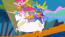 Size: 1400x806 | Tagged: safe, artist:php27, character:angel bunny, character:pinkie pie, character:princess celestia, character:princess luna, character:spike, species:alicorn, species:dragon, species:earth pony, species:pony, chubbylestia, clothing, crossdressing, crossover, dragons riding ponies, female, looney tunes, male, mare, ponies riding ponies, riding, s1 luna, wat, what's opera doc