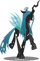 Size: 3094x4623 | Tagged: safe, artist:vector-brony, character:queen chrysalis, species:changeling, episode:the mean 6, g4, my little pony: friendship is magic, changeling queen, cute, cutealis, eyes closed, fangs, female, happy, open mouth, pranchrysalis, prancing, raised hoof, simple background, solo, transparent background, vector