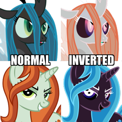 Size: 500x500 | Tagged: safe, artist:cheezedoodle96, artist:marinapg, edit, character:crackle cosette, character:queen chrysalis, species:changeling, species:pony, species:unicorn, episode:the mean 6, g4, my little pony: friendship is magic, camera, comparison, disguise, disguised changeling, evil, evil grin, female, fridge brilliance, green eyes, grin, inverted colors, looking at you, mare, mind blown, simple background, smiling, solo, transparent background