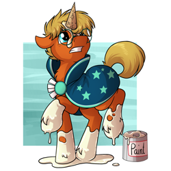 Size: 4000x4000 | Tagged: safe, artist:sugaryviolet, character:sunburst, oc, oc:nickyvmlp, species:earth pony, species:pony, absurd resolution, cel shading, chest fluff, clothing, cosplay, costume, cute, dessert, dropped ice cream, food, ice cream, ice cream cone, ice cream horn, improvisation, male, ocbetes, paint, paint can, solo