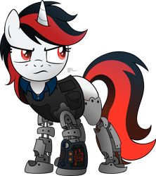 Size: 8145x9189 | Tagged: safe, artist:drawponies, artist:unnk, oc, oc only, oc:blackjack, species:pony, species:unicorn, fallout equestria, fallout equestria: project horizons, absurd resolution, augmented, biohacking, clothing, cyber legs, cyborg, fanfic, fanfic art, female, hooves, horn, level 1 (project horizons), mare, security armor, simple background, solo, transparent background, vault security armor, vault suit, vector