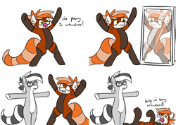 Size: 1348x954 | Tagged: safe, artist:dsp2003, artist:jargon scott, edit, oc, oc:bandy cyoot, oc:pandy cyoot, species:pony, asserting dominance, colored, comic, crossing the memes, crying, female, lesser panda, loss (meme), mare, meme, mirror, original species, pop team epic, raccoon pony, red panda pony, simple background, sketch, t pose, white background
