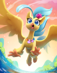 Size: 1800x2291 | Tagged: safe, artist:dawnfire, character:princess skystar, species:classical hippogriff, species:hippogriff, g4, my little pony: the movie (2017), female, flying, freckles, jewelry, necklace, open mouth, seashell, seashell necklace, skyabetes, solo, spread wings, water, wings