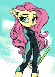 Size: 2480x3507 | Tagged: safe, artist:holivi, character:fluttershy, species:anthro, diving goggles, equestria girls outfit, female, looking at you, pointed breasts, snorkel, solo, wetsuit