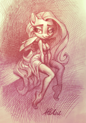Size: 1251x1772 | Tagged: safe, artist:holivi, character:fluttershy, species:anthro, species:pegasus, species:plantigrade anthro, species:pony, barefoot, clothing, dress, feet, female, looking at you, mare, monochrome, solo