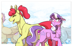Size: 1024x639 | Tagged: safe, artist:inuhoshi-to-darkpen, character:apple bloom, character:diamond tiara, character:scootaloo, character:silver spoon, species:earth pony, species:pegasus, species:pony, ship:diamondbloom, blushing, chest fluff, duo focus, eyes closed, female, floppy ears, head out of frame, height difference, implied diamondbloom, implied lesbian, implied shipping, lesbian, looking back, mare, older, older apple bloom, older diamond tiara, older scootaloo, older silver spoon, open mouth, patreon, patreon logo, shipping, smiling