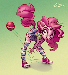 Size: 1600x1774 | Tagged: safe, artist:holivi, character:pinkie pie, species:anthro, species:earth pony, species:plantigrade anthro, species:pony, ball, clothing, converse, cute, diapinkes, female, gradient background, kneesocks, mare, pleated skirt, shoes, skirt, skirt lift, sneakers, socks, solo, striped socks, suspenders, thigh highs, zettai ryouiki