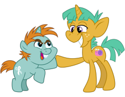 Size: 3200x2500 | Tagged: safe, artist:cheezedoodle96, character:snails, character:snips, species:pony, species:unicorn, .svg available, bucktooth, colt, duo, foal, hoofbump, male, raised hoof, rearing, redesign, simple background, svg, transparent background, vector