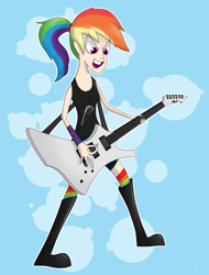 Size: 2281x3000 | Tagged: safe, artist:moonatik, character:rainbow dash, species:human, armband, boots, clothing, female, guitar, human coloration, humanized, loss (meme), metallica, musical instrument, playing, ponytail, rainbow socks, shoes, socks, solo, striped socks
