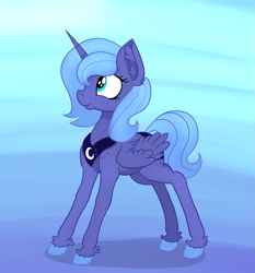 Size: 2591x2777 | Tagged: safe, artist:paskanaakka, derpibooru original, character:princess luna, species:alicorn, species:pony, abstract background, butt freckles, colored hooves, cute, ear fluff, female, filly, freckles, s1 luna, shoulder freckles, solo, unshorn fetlocks, woona, younger