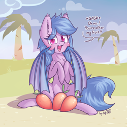 Size: 1840x1840 | Tagged: safe, artist:dsp2003, oc, oc:fruit hulu, species:bat pony, species:pony, bat pony oc, blushing, chest fluff, cloud, commission, cute, cute little fangs, dialogue, dsp2003 is trying to murder us, ear fluff, explicit link, fangs, female, food, fruit, looking at you, mango, mare, open mouth, palm tree, signature, single panel, sitting, tree