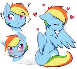 Size: 3000x2686 | Tagged: safe, artist:captainpudgemuffin, character:rainbow dash, species:pegasus, species:pony, behaving like a cat, blushing, captainpudgemuffin is trying to murder us, cute, dashabetes, explicit source, eye clipping through hair, female, floating heart, floppy ears, grooming, heart, hnnng, licking, looking at you, mare, preening, question mark, simple background, solo, tongue out, white background