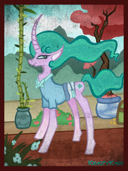 Size: 960x1280 | Tagged: safe, artist:krazykari, character:mistmane, species:pony, species:unicorn, clothing, curved horn, female, plant, shirt, solo